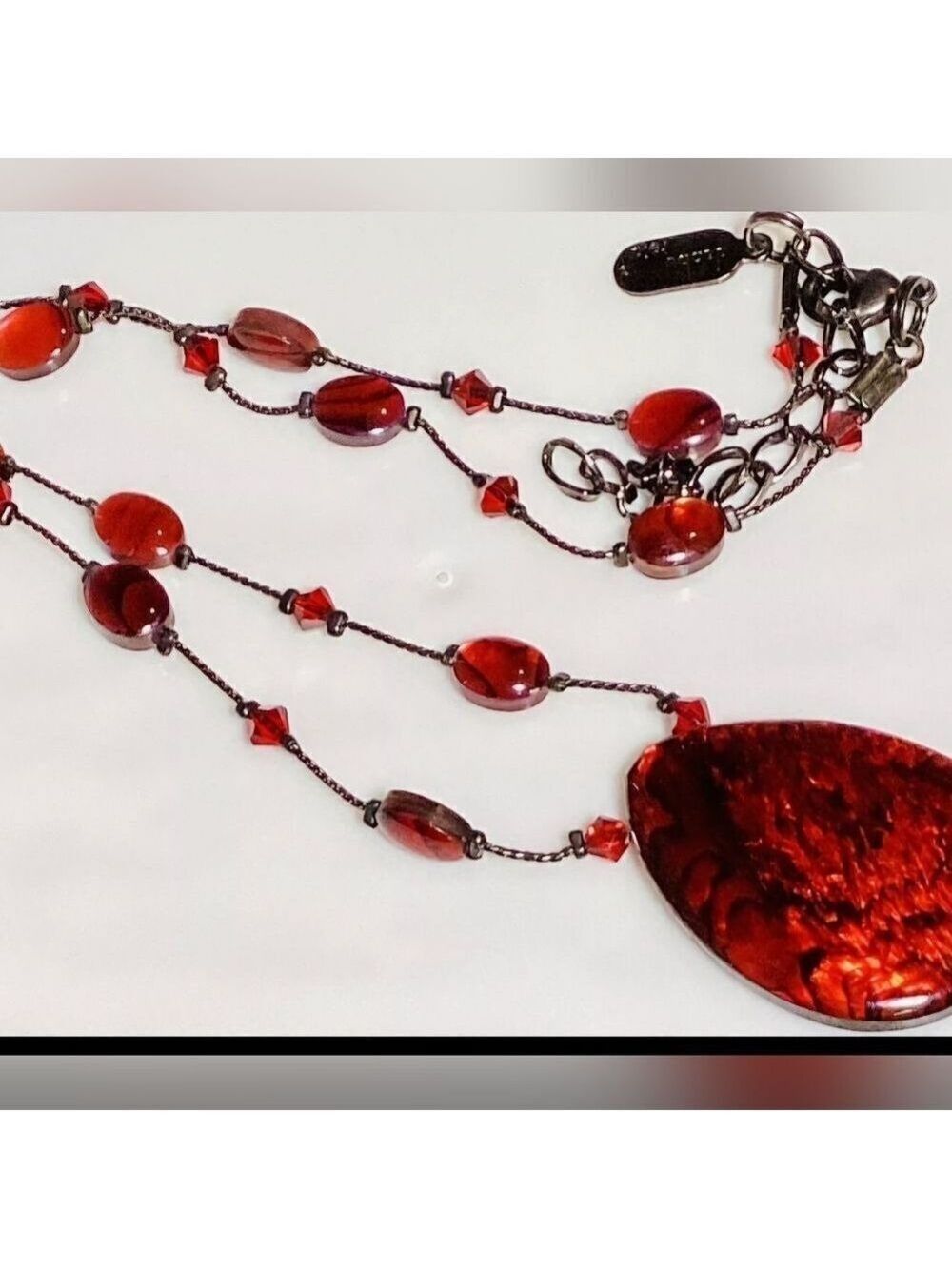 VTG DABBY REID Designer Signed Red Abalone Swarovski Crystal Necklace 18” Ext